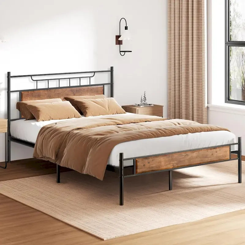 Struttura letto industriale con testiera in legno, singola/matrimoniale/queen-size, nera/marrone/grigio ardesia