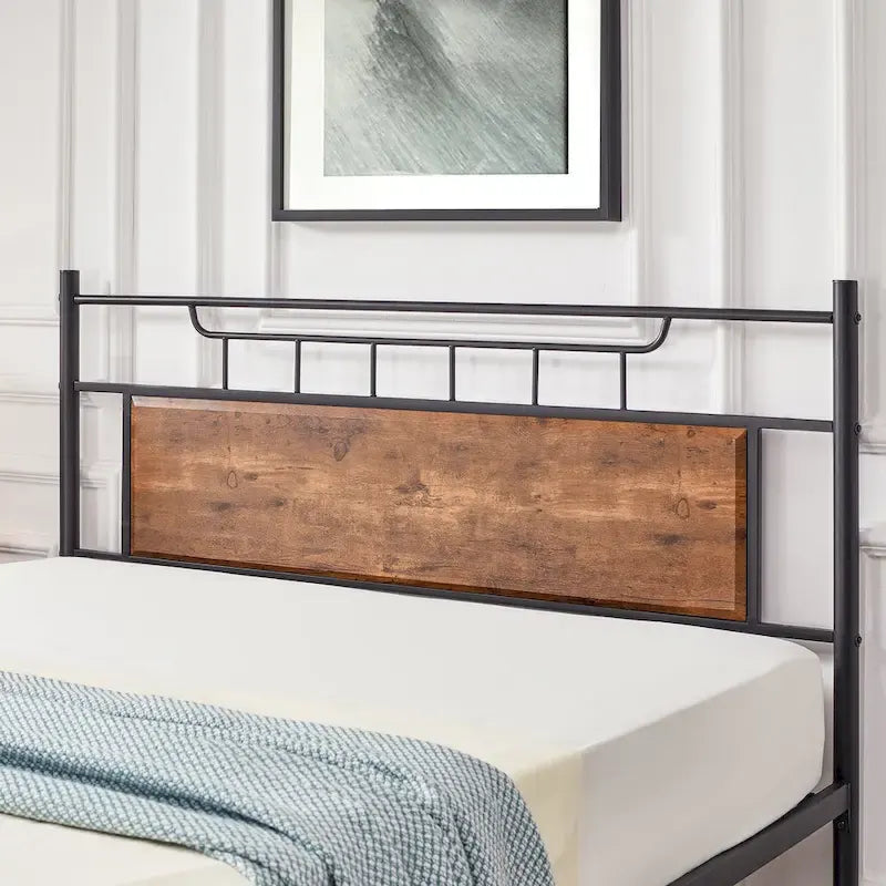 Struttura letto industriale con testiera in legno, singola/matrimoniale/queen-size, nera/marrone/grigio ardesia