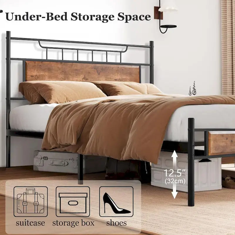 Struttura letto industriale con testiera in legno, singola/matrimoniale/queen-size, nera/marrone/grigio ardesia