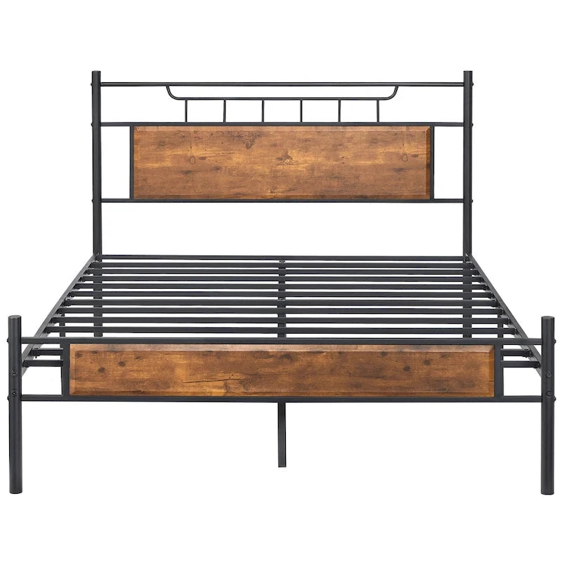 Struttura letto industriale con testiera in legno, singola/matrimoniale/queen-size, nera/marrone/grigio ardesia