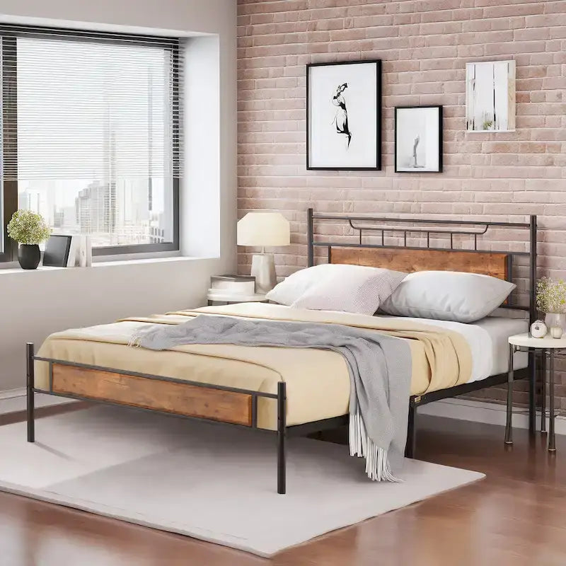 Struttura letto industriale con testiera in legno, singola/matrimoniale/queen-size, nera/marrone/grigio ardesia