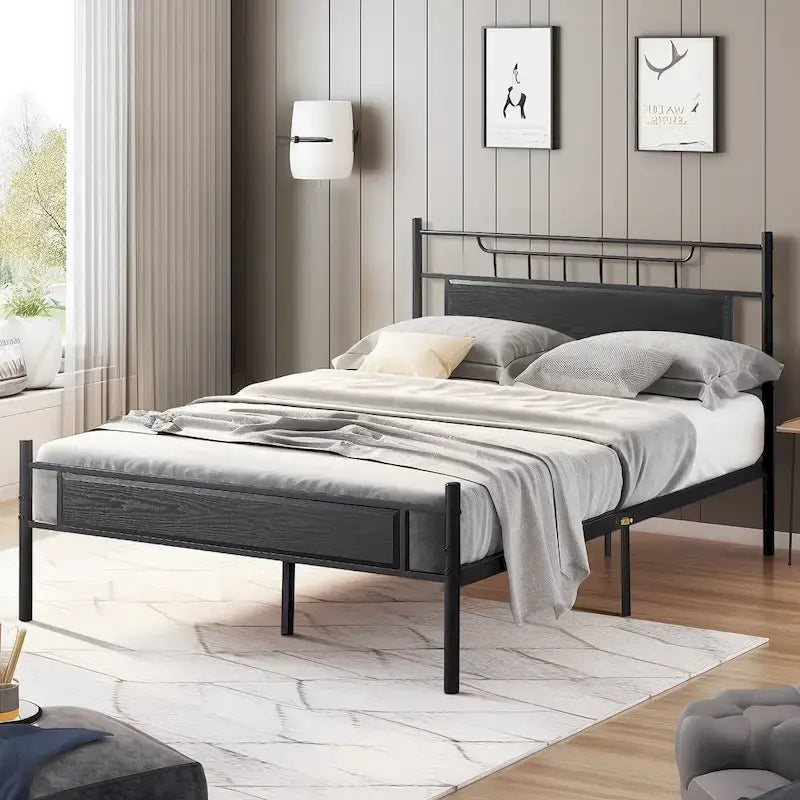 Struttura letto industriale con testiera in legno, singola/matrimoniale/queen-size, nera/marrone/grigio ardesia