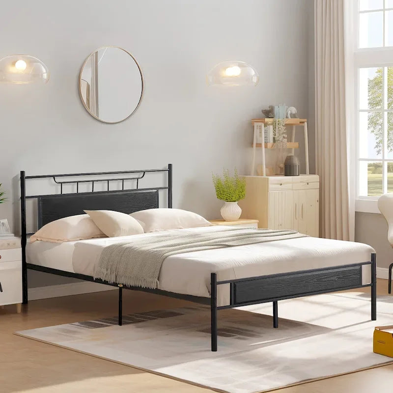 Struttura letto industriale con testiera in legno, singola/matrimoniale/queen-size, nera/marrone/grigio ardesia