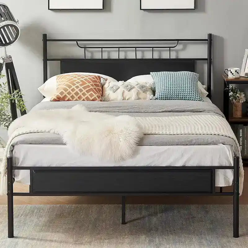 Struttura letto industriale con testiera in legno, singola/matrimoniale/queen-size, nera/marrone/grigio ardesia