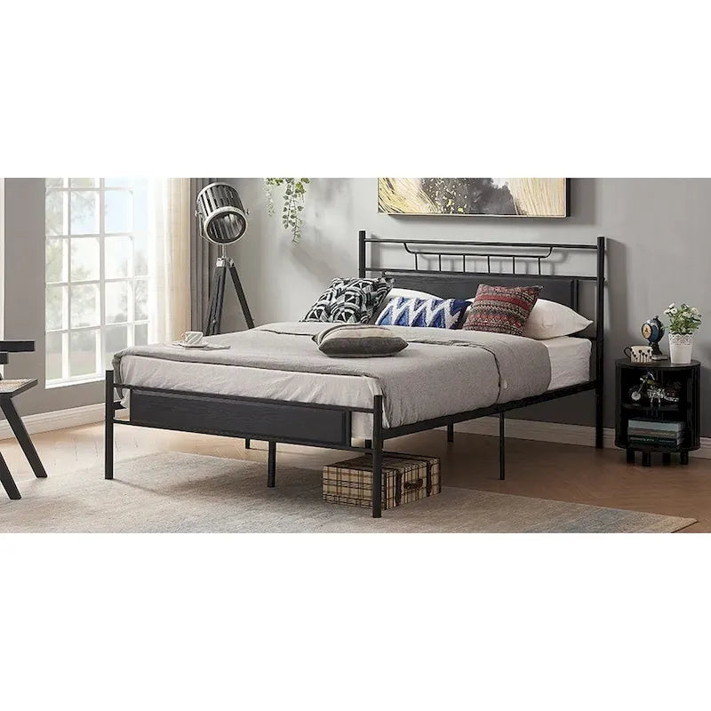 Struttura letto industriale con testiera in legno, singola/matrimoniale/queen-size, nera/marrone/grigio ardesia