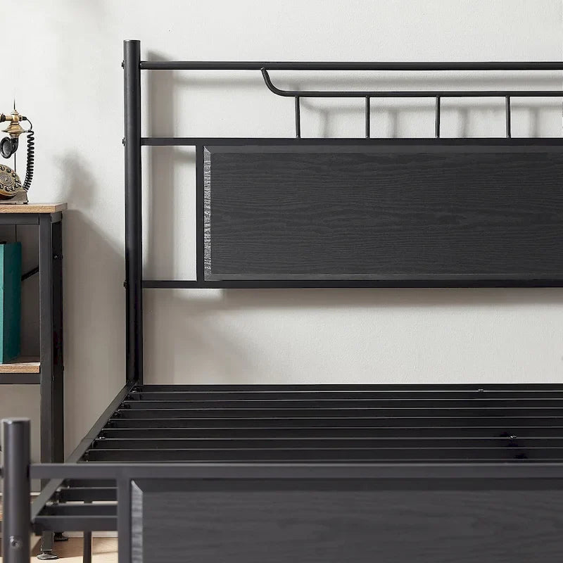 Struttura letto industriale con testiera in legno, singola/matrimoniale/queen-size, nera/marrone/grigio ardesia