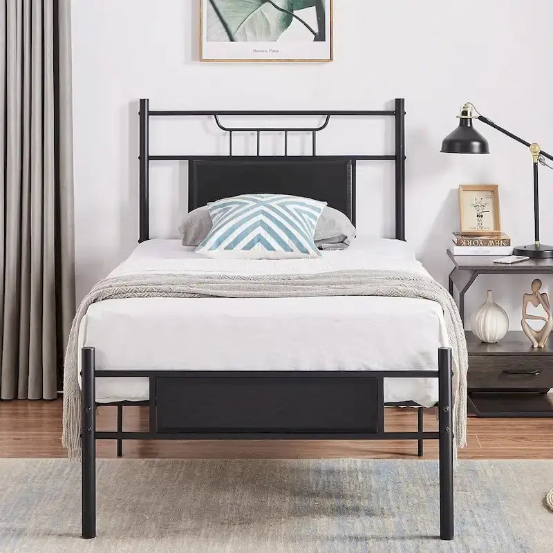 Struttura letto industriale con testiera in legno, singola/matrimoniale/queen-size, nera/marrone/grigio ardesia
