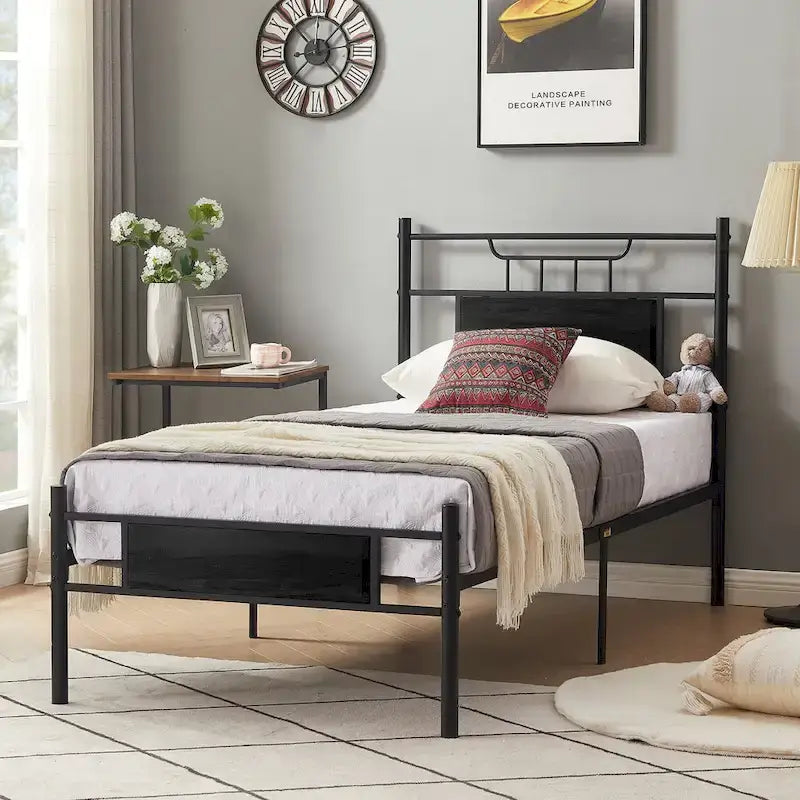 Struttura letto industriale con testiera in legno, singola/matrimoniale/queen-size, nera/marrone/grigio ardesia