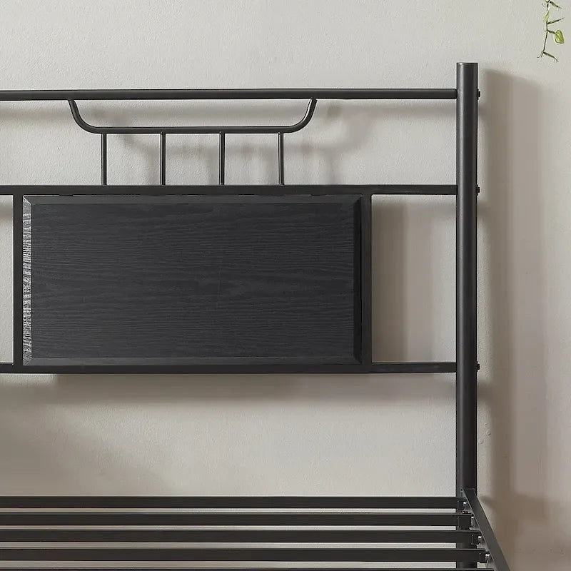 Struttura letto industriale con testiera in legno, singola/matrimoniale/queen-size, nera/marrone/grigio ardesia
