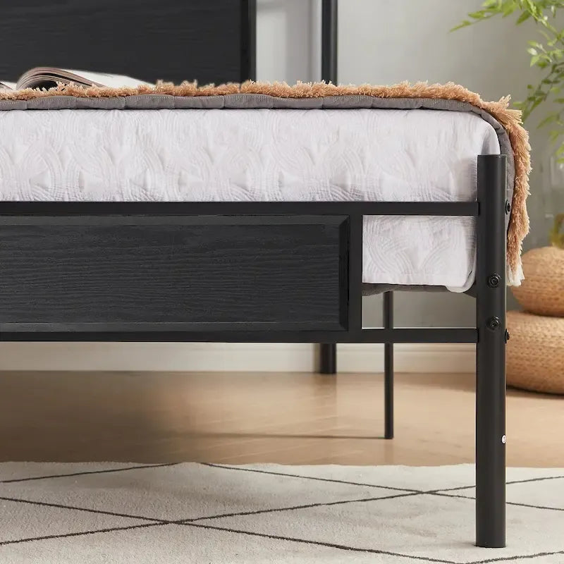 Struttura letto industriale con testiera in legno, singola/matrimoniale/queen-size, nera/marrone/grigio ardesia
