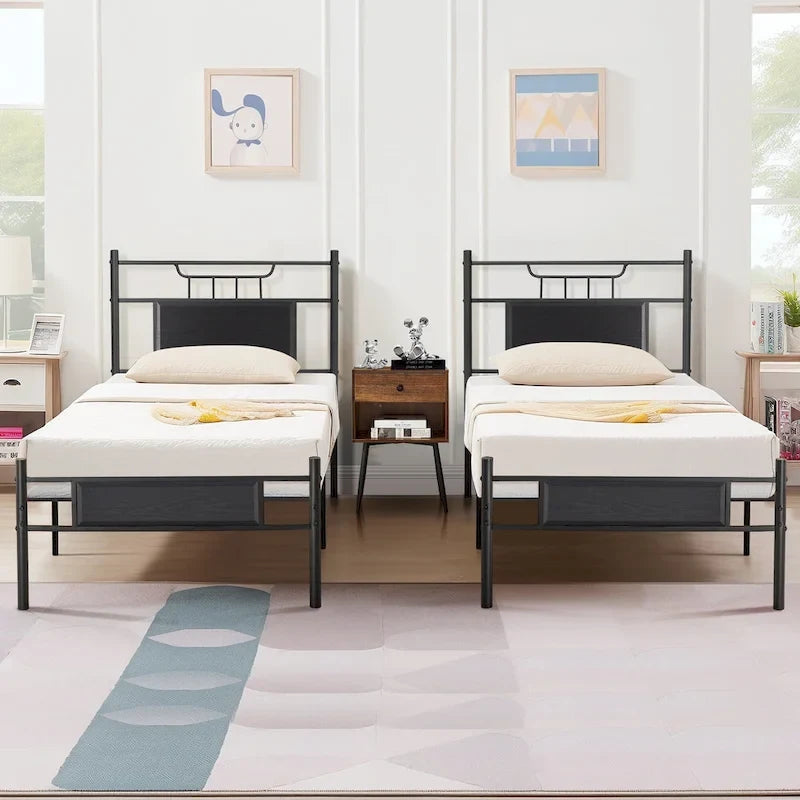 Struttura letto industriale con testiera in legno, singola/matrimoniale/queen-size, nera/marrone/grigio ardesia