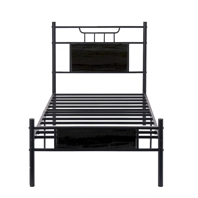 Struttura letto industriale con testiera in legno, singola/matrimoniale/queen-size, nera/marrone/grigio ardesia