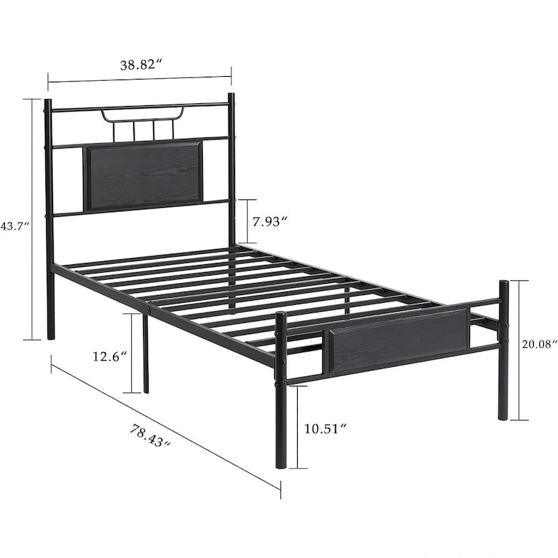 Struttura letto industriale con testiera in legno, singola/matrimoniale/queen-size, nera/marrone/grigio ardesia