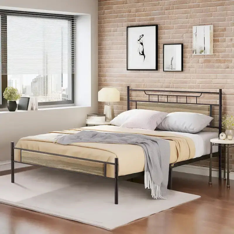 Struttura letto industriale con testiera in legno, singola/matrimoniale/queen-size, nera/marrone/grigio ardesia