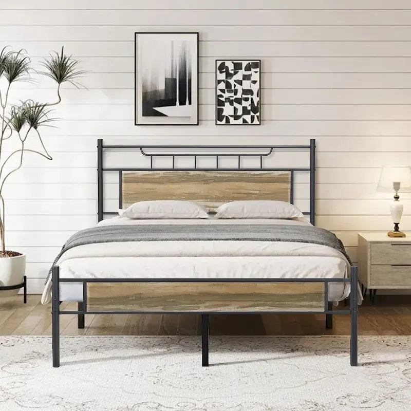 Struttura letto industriale con testiera in legno, singola/matrimoniale/queen-size, nera/marrone/grigio ardesia