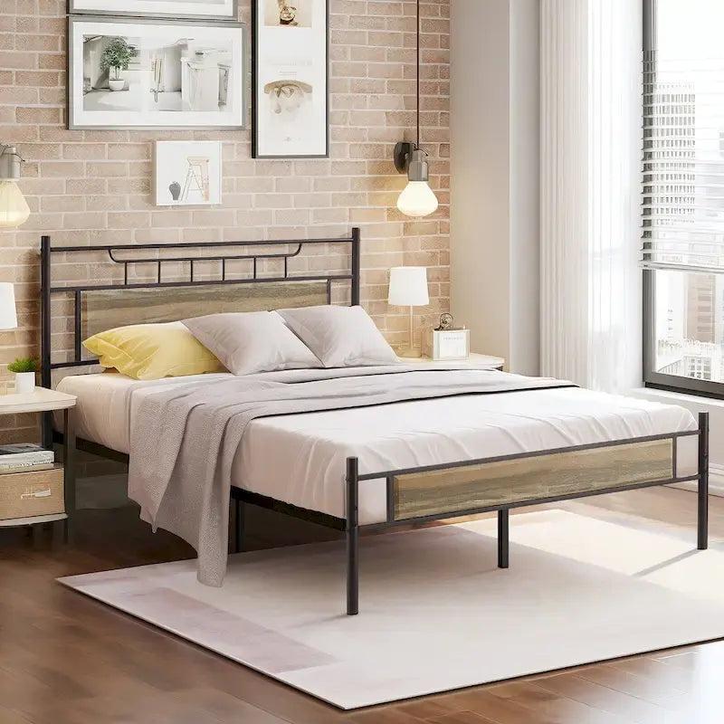 Struttura letto industriale con testiera in legno, singola/matrimoniale/queen-size, nera/marrone/grigio ardesia