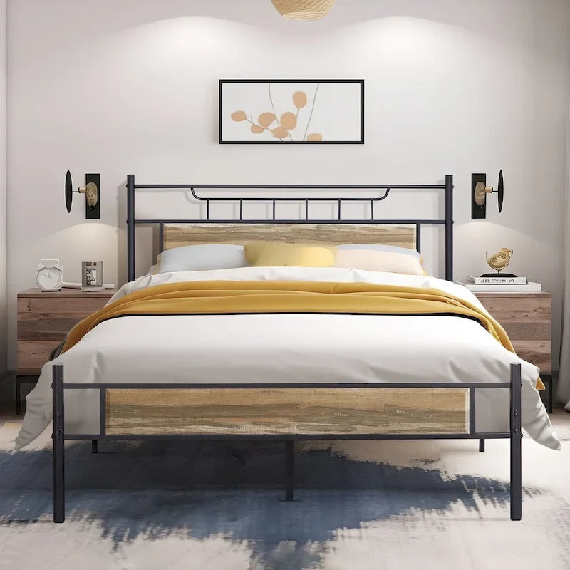 Struttura letto industriale con testiera in legno, singola/matrimoniale/queen-size, nera/marrone/grigio ardesia