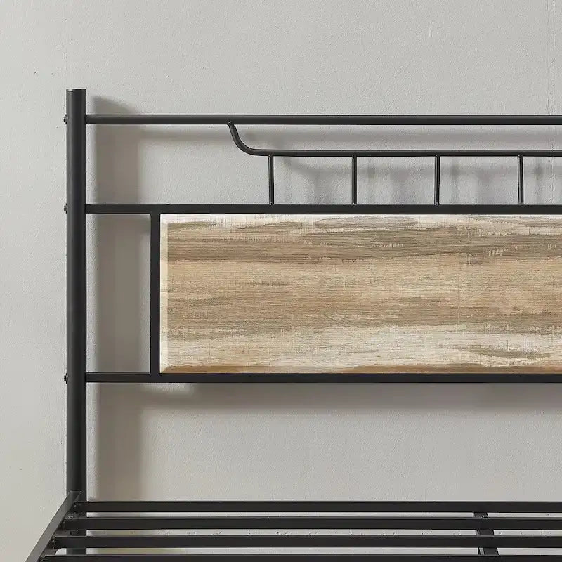 Struttura letto industriale con testiera in legno, singola/matrimoniale/queen-size, nera/marrone/grigio ardesia