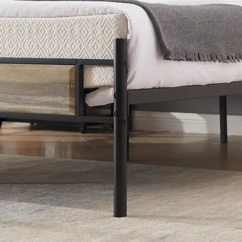 Struttura letto industriale con testiera in legno, singola/matrimoniale/queen-size, nera/marrone/grigio ardesia