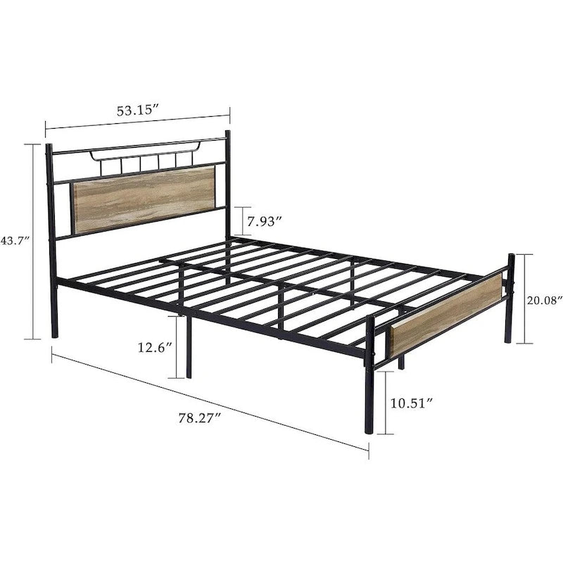 Struttura letto industriale con testiera in legno, singola/matrimoniale/queen-size, nera/marrone/grigio ardesia