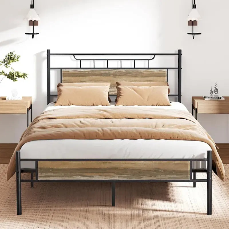 Struttura letto industriale con testiera in legno, singola/matrimoniale/queen-size, nera/marrone/grigio ardesia