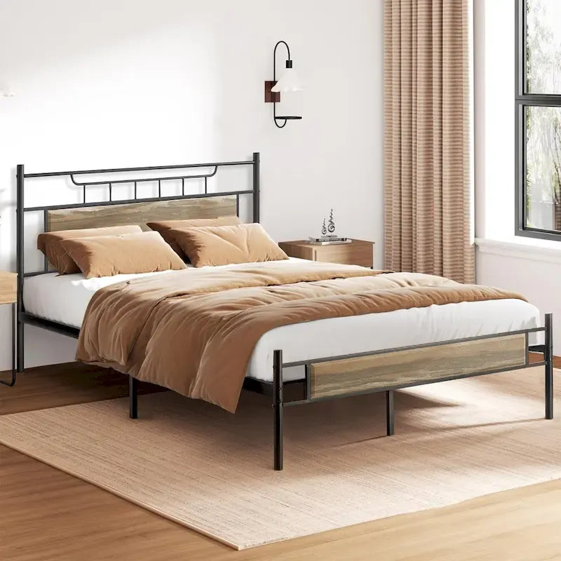 Struttura letto industriale con testiera in legno, singola/matrimoniale/queen-size, nera/marrone/grigio ardesia