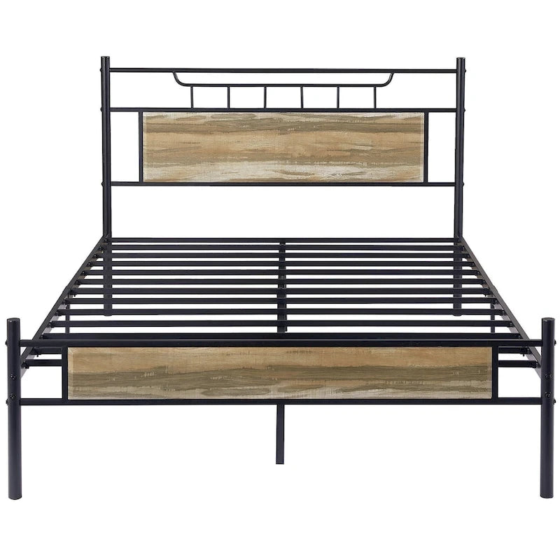 Struttura letto industriale con testiera in legno, singola/matrimoniale/queen-size, nera/marrone/grigio ardesia