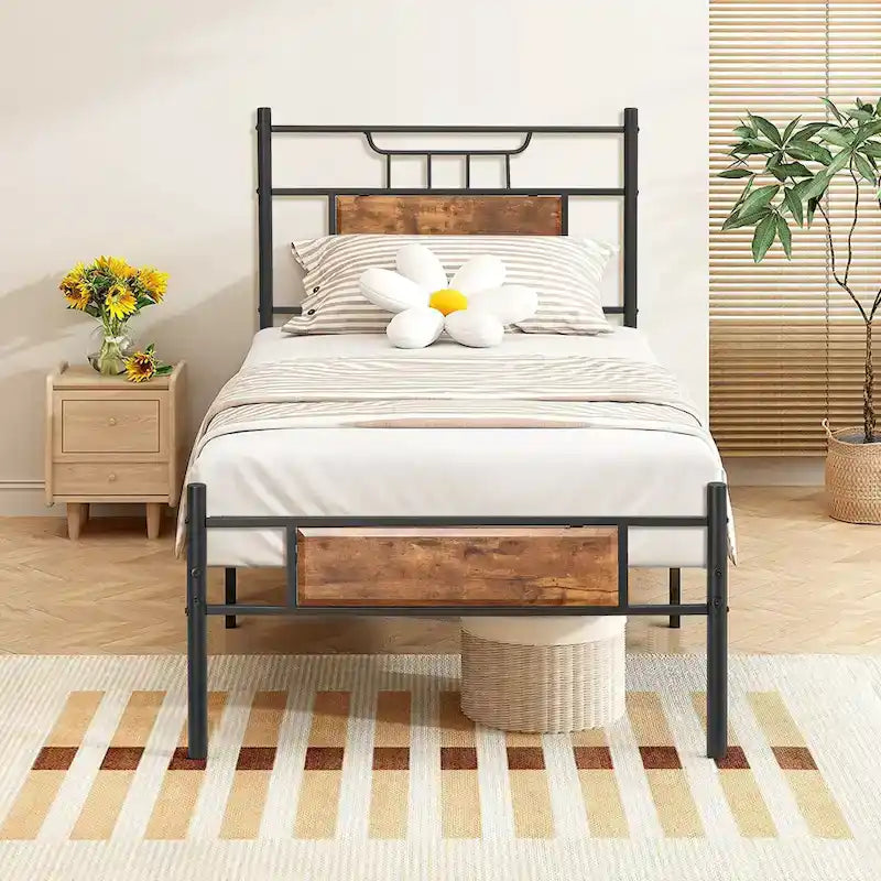 Struttura letto industriale con testiera in legno, singola/matrimoniale/queen-size, nera/marrone/grigio ardesia