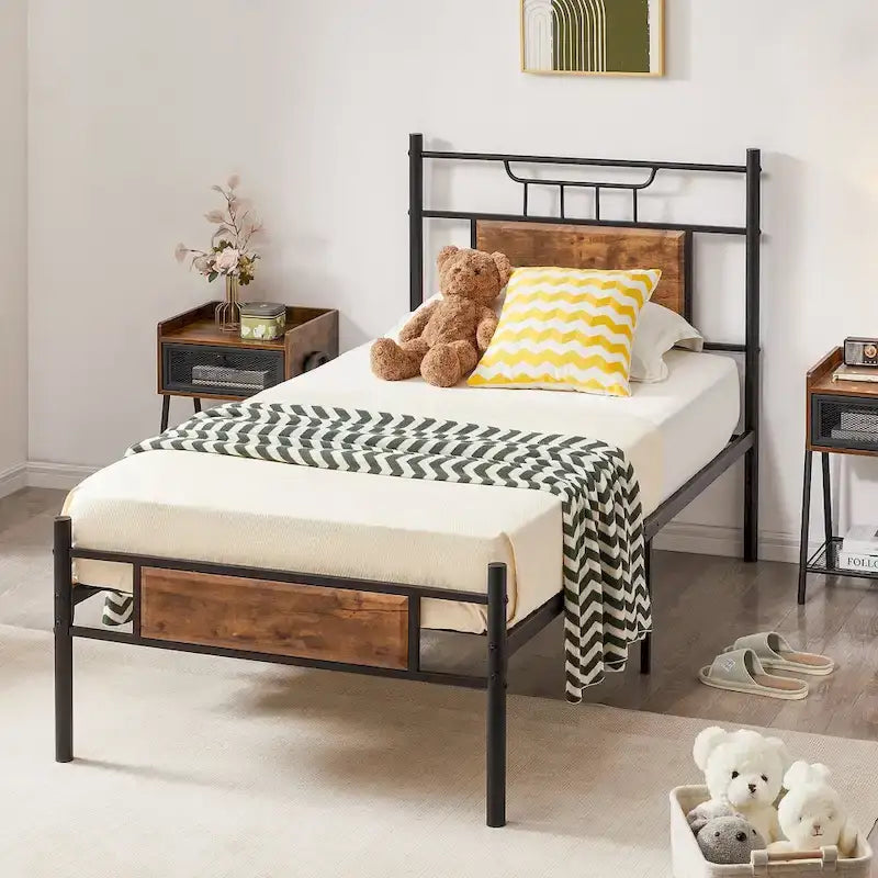 Struttura letto industriale con testiera in legno, singola/matrimoniale/queen-size, nera/marrone/grigio ardesia