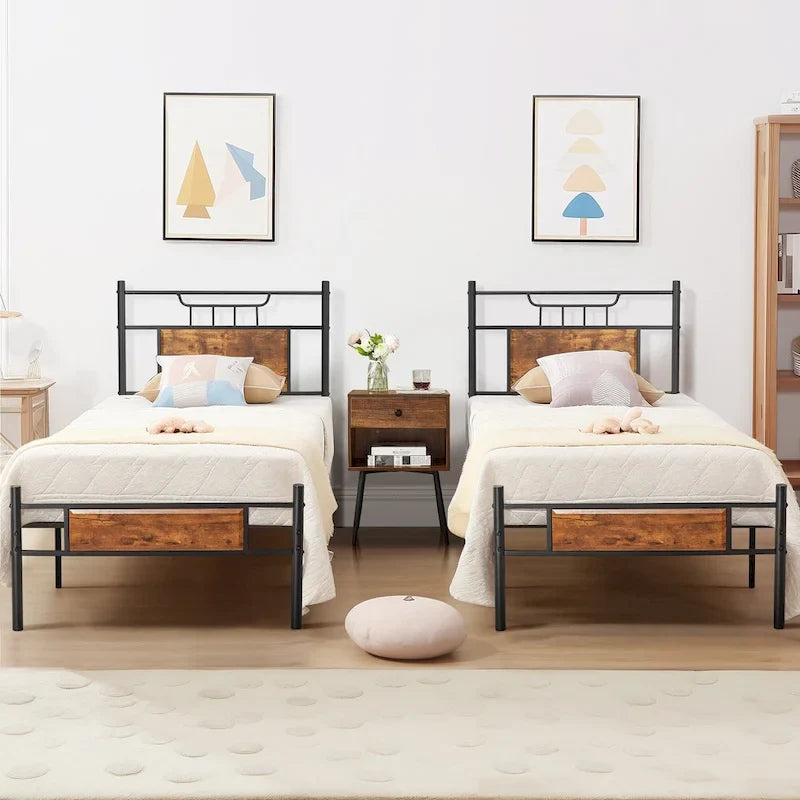Struttura letto industriale con testiera in legno, singola/matrimoniale/queen-size, nera/marrone/grigio ardesia