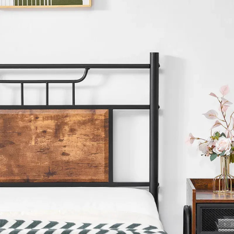 Struttura letto industriale con testiera in legno, singola/matrimoniale/queen-size, nera/marrone/grigio ardesia