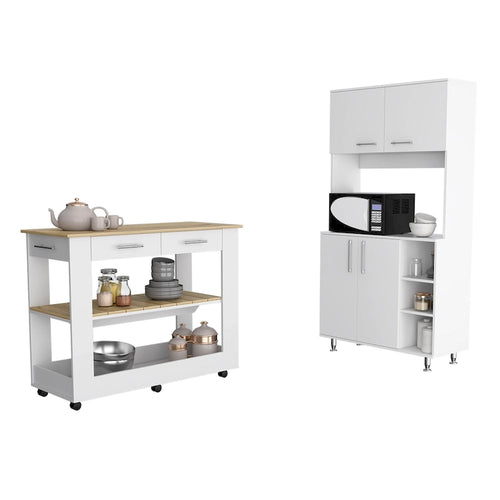 Set Cucina 2 Pezzi, Isola Cucina con Ruote e Mobile Dispensa, Bianco e Rovere Chiaro