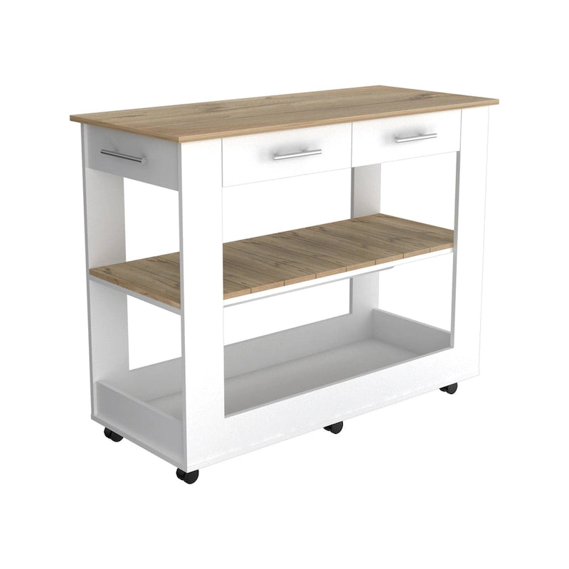 Set Cucina 2 Pezzi, Isola Cucina con Ruote e Mobile Dispensa, Bianco e Rovere Chiaro