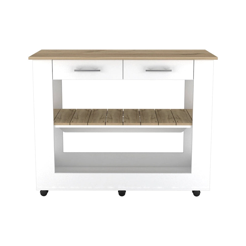 Set Cucina 2 Pezzi, Isola Cucina con Ruote e Mobile Dispensa, Bianco e Rovere Chiaro