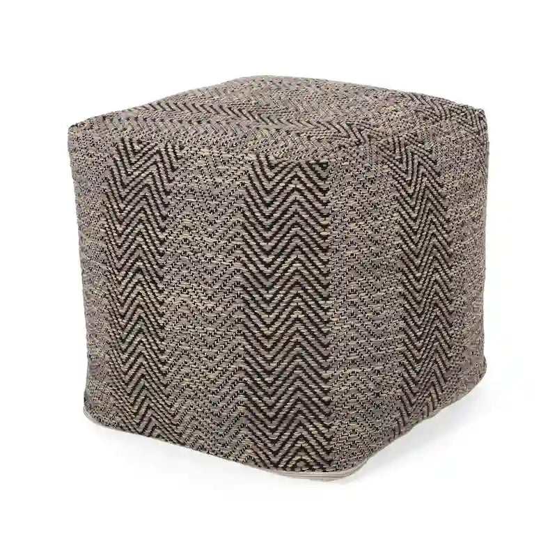 Pouf cubo in cotone lavorato a mano, motivo chevron, marrone beige giallo