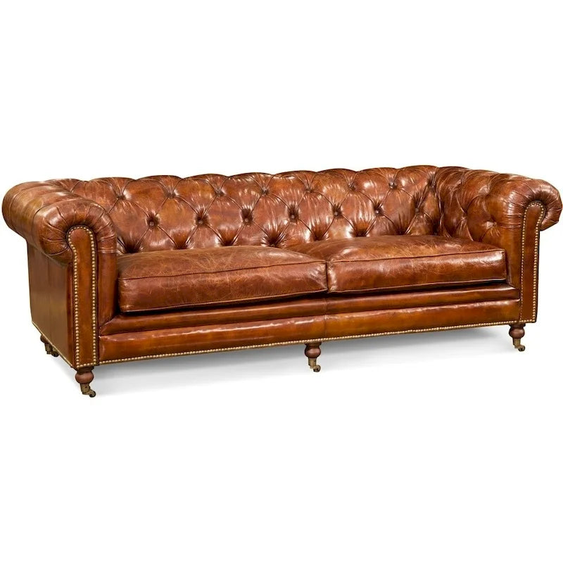 Divano Chesterfield in Pelle Pieno Fiore, Marrone Scuro, Trapuntato, 221 cm