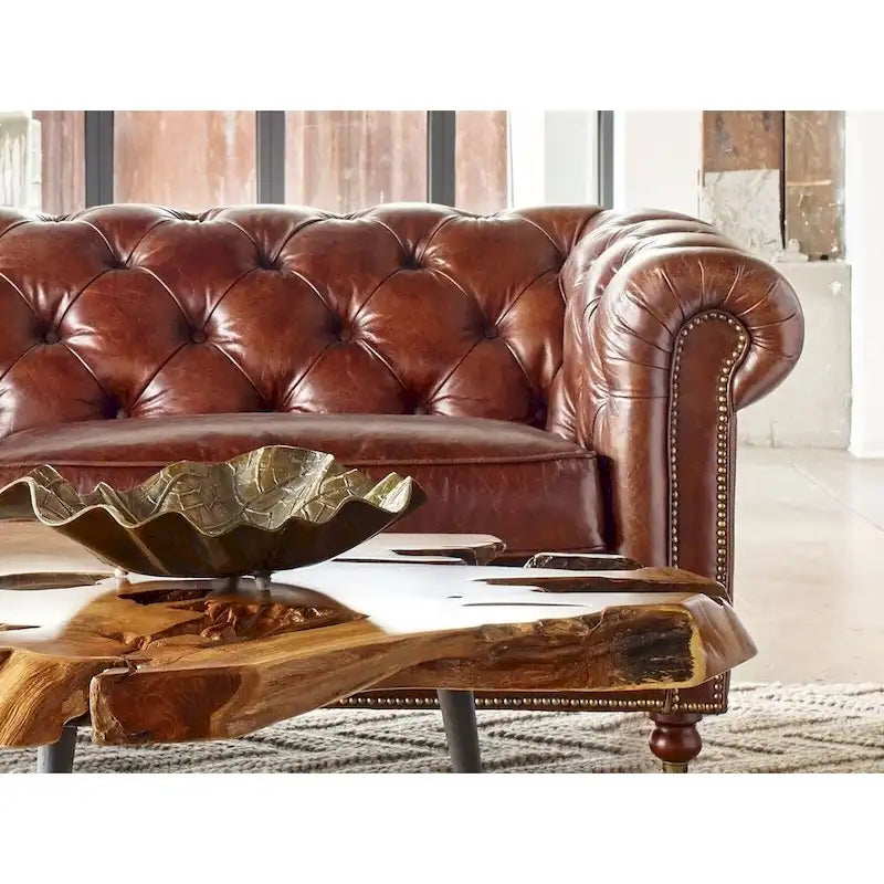 Divano Chesterfield in Pelle Pieno Fiore, Marrone Scuro, Trapuntato, 221 cm