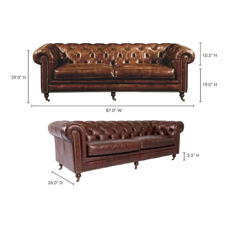 Divano Chesterfield in Pelle Pieno Fiore, Marrone Scuro, Trapuntato, 221 cm