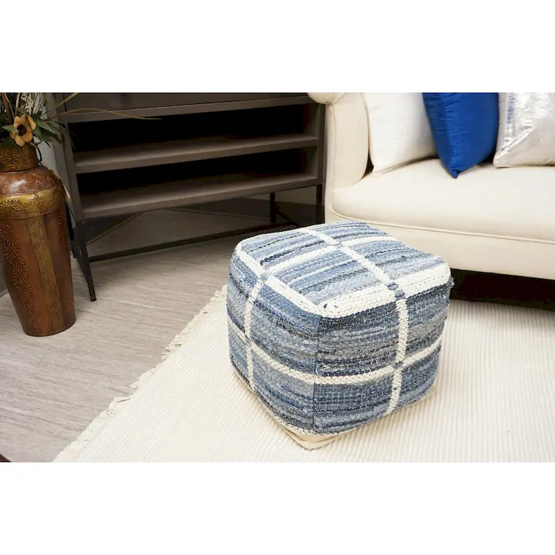 Pouf artigianale in lana e cotone, blu, medio