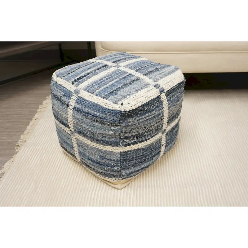 Pouf artigianale in lana e cotone, blu, medio