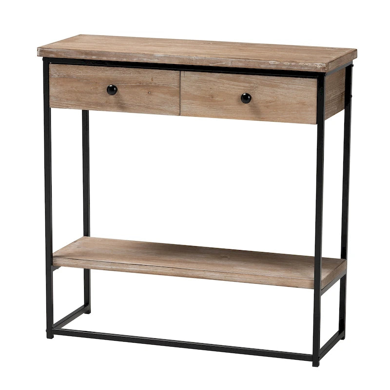 Consolle moderna industriale con 2 cassetti, legno marrone naturale e metallo nero
