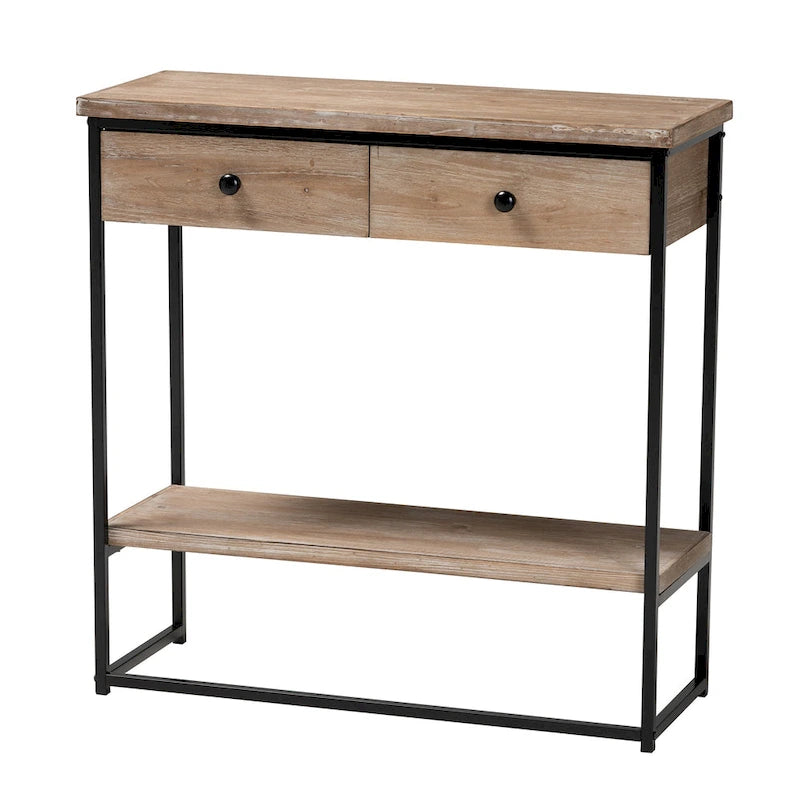 Consolle moderna industriale con 2 cassetti, legno marrone naturale e metallo nero