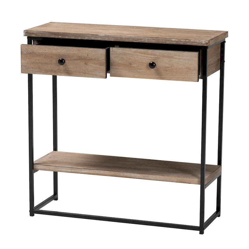 Consolle moderna industriale con 2 cassetti, legno marrone naturale e metallo nero