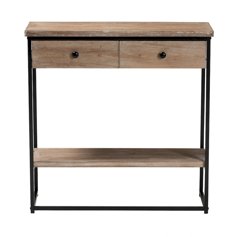 Consolle moderna industriale con 2 cassetti, legno marrone naturale e metallo nero