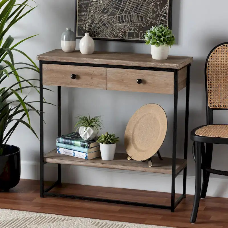 Consolle moderna industriale con 2 cassetti, legno marrone naturale e metallo nero