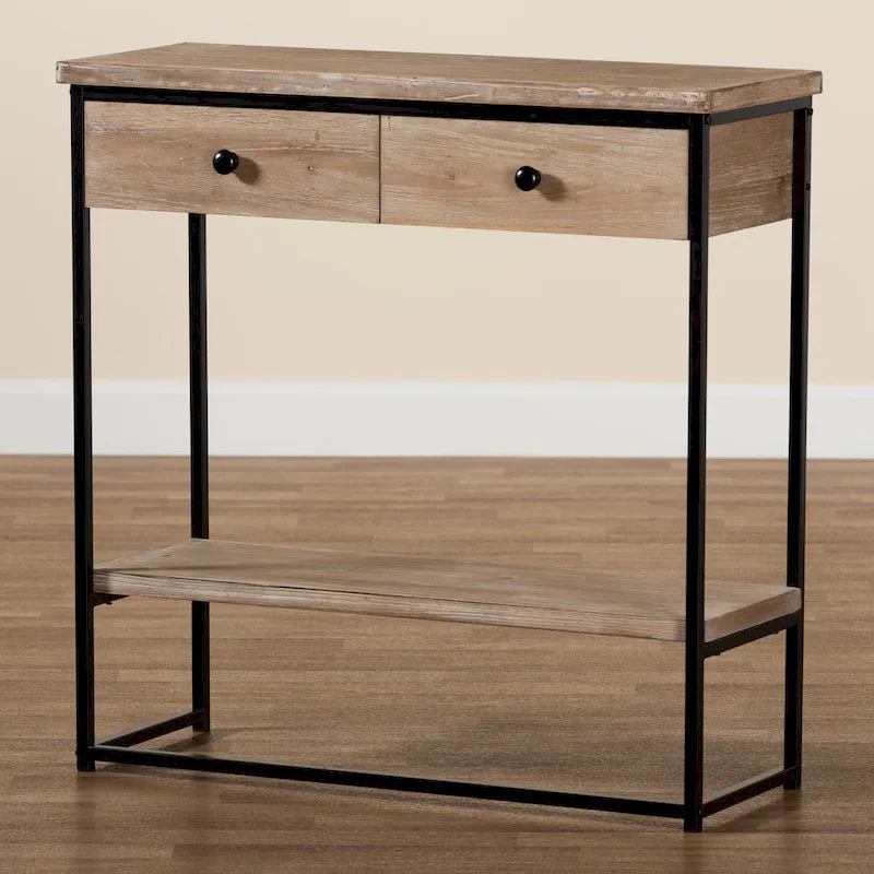 Consolle moderna industriale con 2 cassetti, legno marrone naturale e metallo nero