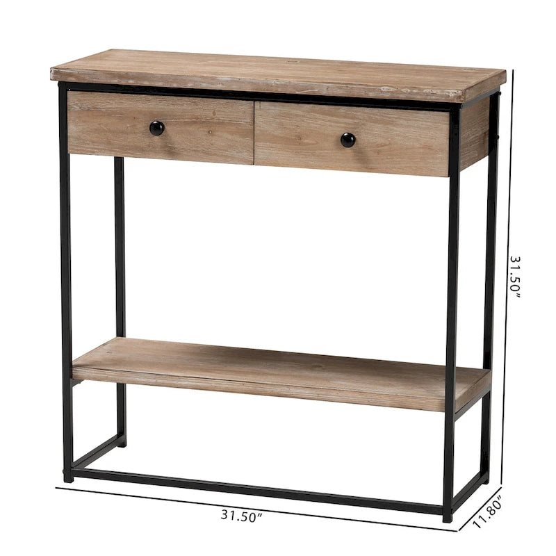 Consolle moderna industriale con 2 cassetti, legno marrone naturale e metallo nero
