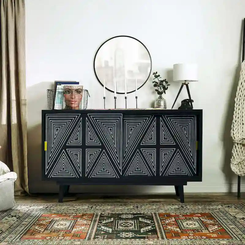 Credenza/Buffet Mid-Century Modern in Legno Massello a 2 Ante, Motivo Geometrico