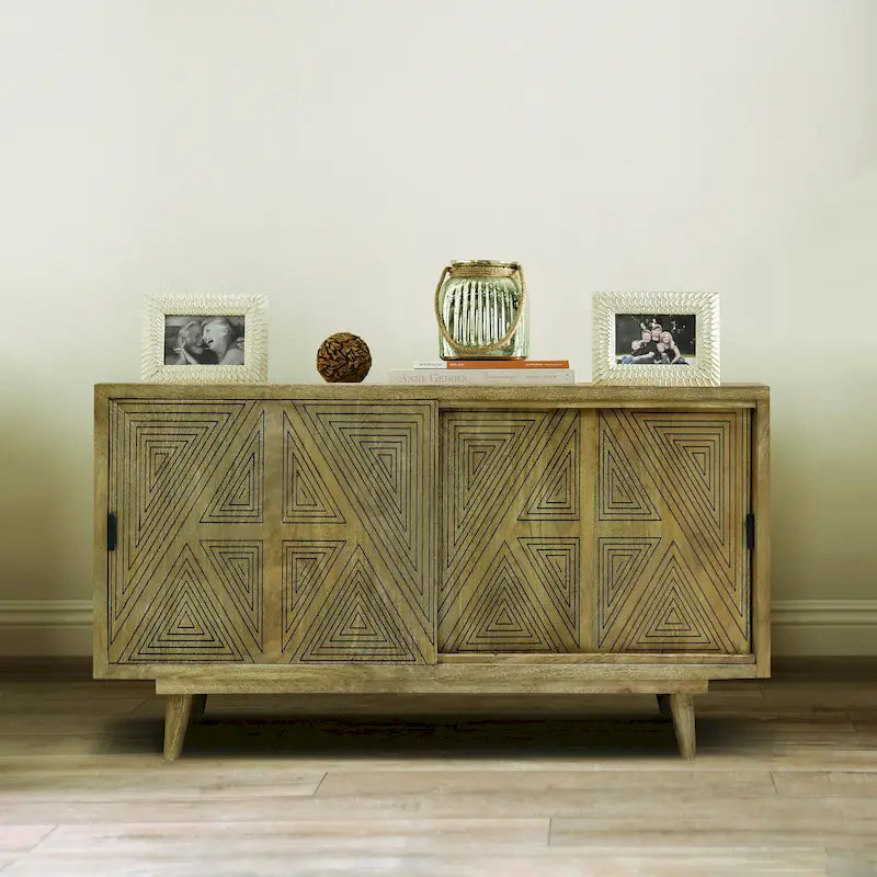 Credenza/Buffet Mid-Century Modern in Legno Massello a 2 Ante, Motivo Geometrico