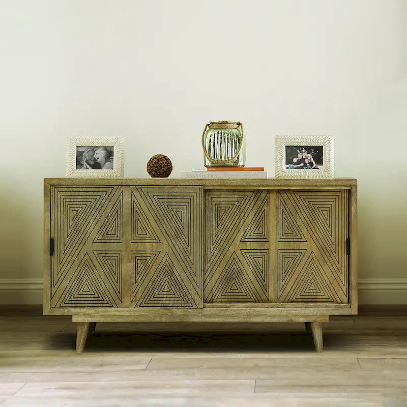 Credenza/Buffet Mid-Century Modern in Legno Massello a 2 Ante, Motivo Geometrico